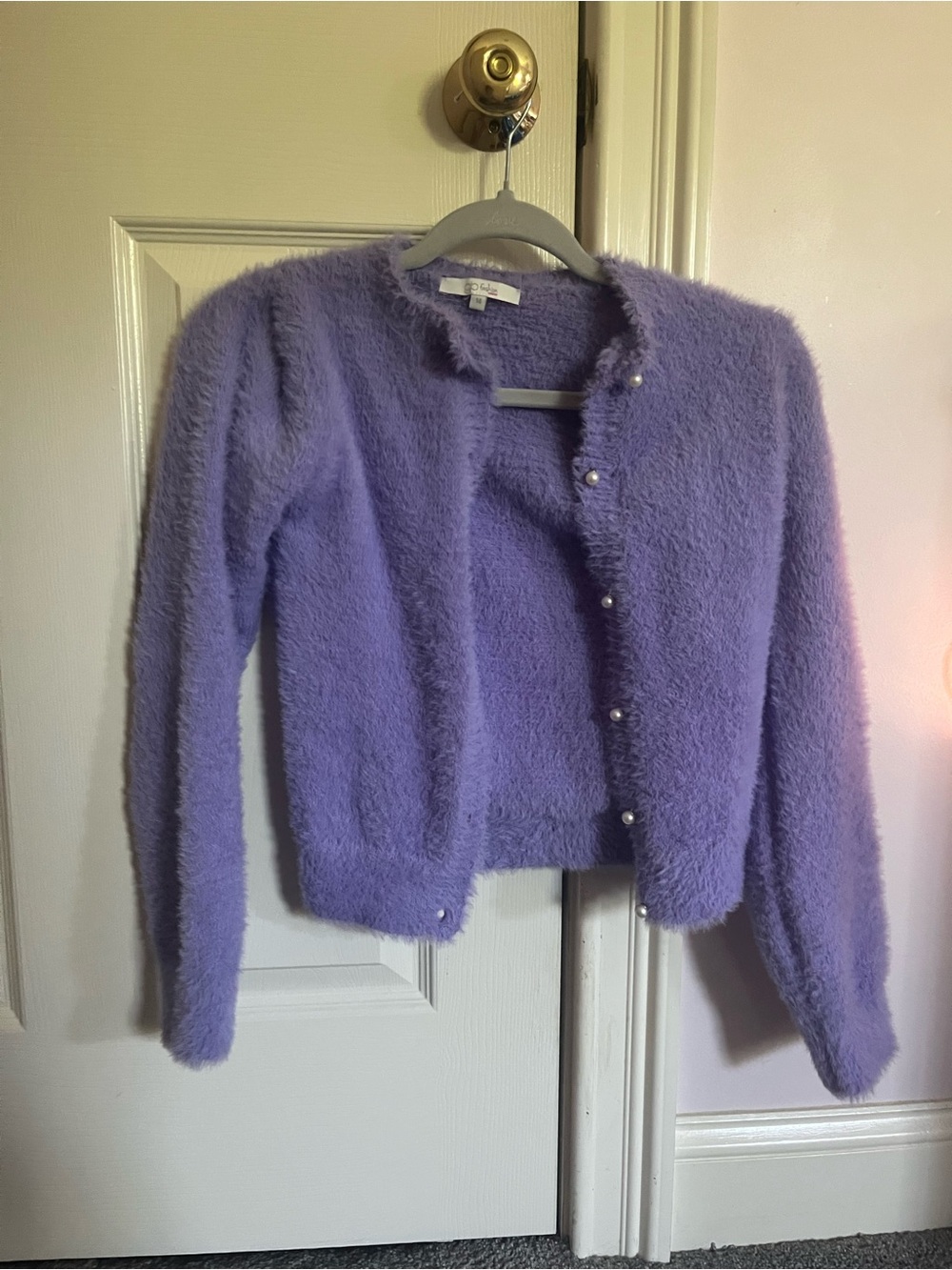 Francesca's Collections Lavender Fuzzy Pearl-Button Cardigan